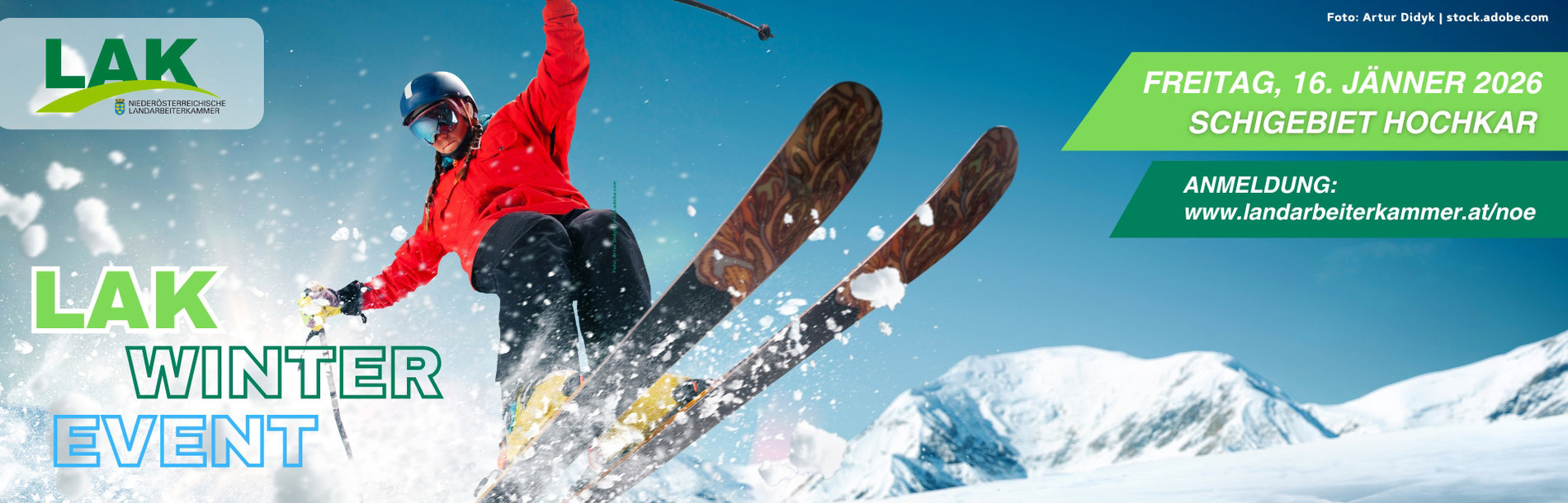 Bewerbung des LAK-Winterevent 2026 mit Skifahrer beim Sprung und Berge im Hintergrund